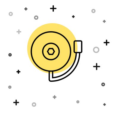 Siyah çizgi alarm zili simgesi beyaz arkaplanda izole edildi. Yangın alarmı. Servis zili, el zili işareti, uyarı sembolü. Rastgele dinamik şekiller. Vektör