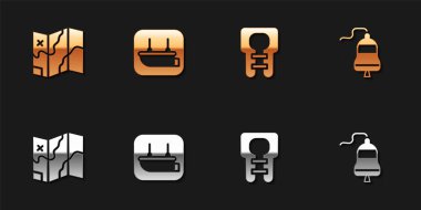 Katlanmış harita, filika, ceket ve gemi çan simgesini ayarlayın. Vektör.