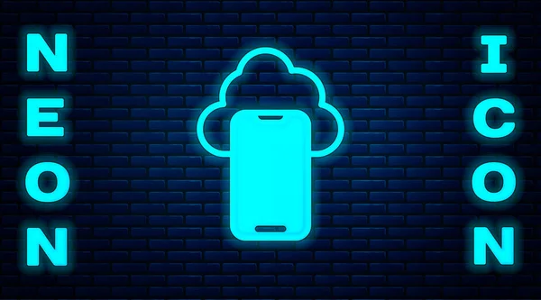 Ragyogó Neon Cloud Technológia Adatátvitel Tárolás Ikon Elszigetelt Téglafal Háttér — Stock Vector