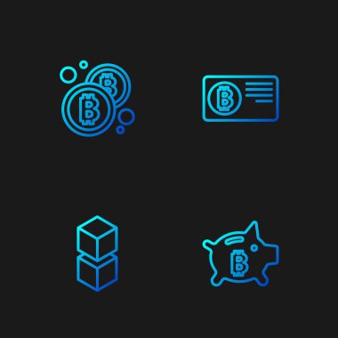 Piggy Bank Bitcoin, Blockchain teknolojisi, Bitcoin ve Kredi kartı. Renk simgeleri. Vektör