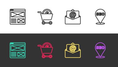 Hattı ayarla. Tarayıcı penceresi, alışveriş arabası ve dolar, e-posta ve SEO optimizasyonu. Vektör