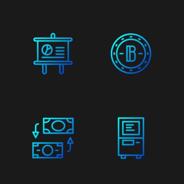 ATM, para değişimi, diyagramı ve bitcoin olan tebeşir tahtası. Renk simgeleri. Vektör