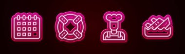Takvim, Lifebuoy, Cook ve Batan Yolcu Gemisi. Parlayan neon ikonu. Vektör