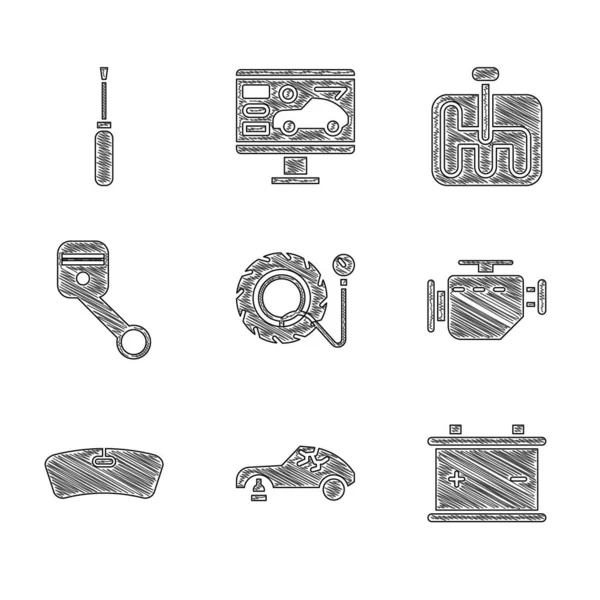 Set Manómetro Neumáticos Coche Roto Batería Del Coche Comprobar Motor — Vector de stock