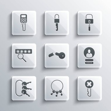 Anahtarları ayarla, Yanlış, Hesap Ekranı Oluştur, Kırık, Parola koruması, Kilit açma simgesi için uzaktan kumandalı ve kilitli araba. Vektör