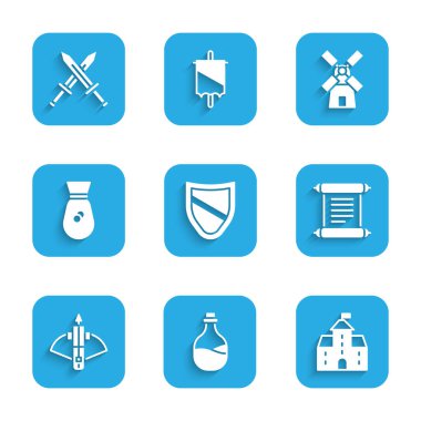 Set Shield, eski şarap, kale, kararname, parşömen, parşömen, oklu savaş tatar yayı, para çantası, yel değirmeni ve çapraz ortaçağ kılıç ikonu. Vektör