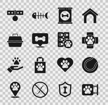 Veteriner kliniği, tenis topu, konserve yemek, köpek kemiği, hayvan taşıma çantası yaka kartı ve hap ikonu. Vektör