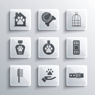 Hayvanların ayak izleri, yaka etiketi, bandaj, evcil hayvan şişesi sıhhiyesi, şampuan, kuş ikonu için ev ve kafes. Vektör