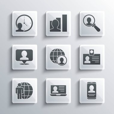 Bilgisayarı özgeçmiş, cep telefonu, kimlik kartı, Globe ve insanlar, kafa avcılığı, yer bulma, zaman yönetimi ve arama simgesi için büyüteç ile ayarlayın. Vektör