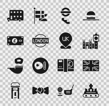 İngiliz tacı, Büyük Britanya bayrağı, Büyük Ben kulesi, Londra yeraltı tabelası, sterlin para, çift katlı otobüs ve İngiltere konumu ikonu. Vektör
