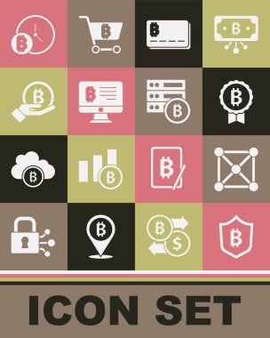 Shield 'ı bitcoin, Blockchain teknolojisi, Bitcoin, kredi kartı, monitörden madencilik, el ele tutuşmalar, saat ve sunucu simgesi ile ayarla. Vektör