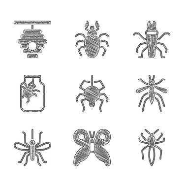 Örümcek, Kelebek, Sivrisinek, kavanoza, Termit ve Kovan 'ı arı ikonu yapın. Vektör