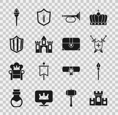 Kale, kale, ortaçağ mızrağı, kılıçlı kalkan, trompet, kalkan, meşale ateşi ve antik hazine sandığı ikonu. Vektör