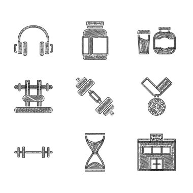 Dumbbell, Old hourglass, Gym Building, Medal, Barbell, Bench with Barbel, Sports beslenme ve kulaklık ikonu. Vektör