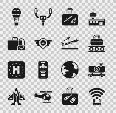 Router ve wi-fi sinyalini ayarla, yakıt tankeri, bavullu taşıyıcı bant, bavul, hava amblemi, sıcak hava balonu ve uçak kalkış ikonu. Vektör