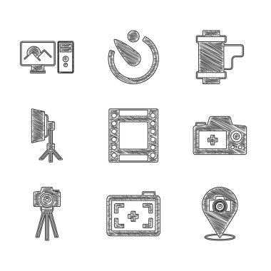 Kamera rulo kartuşu, fotoğraf makinesi, Softbox ışığı ve rötuş simgesini ayarla. Vektör