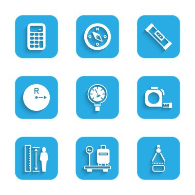 Basınç ölçer, bavullu ölçek, çizim pusulası, rulet inşaatı, boy ölçme gövdesi, yarıçap, inşaat kabarcık seviyesi ve hesap makinesi simgesi ayarlayın. Vektör