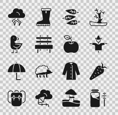 Kavanoz dolusu bal ve dipper çubuğu, Havuç, Korkuluk, Yaprak veya Yaprak, Benç, Küçük Piliç, Fırtına ve Elma ikonu. Vektör