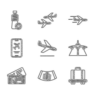 Uçak inişini ayarlayın, bavullu konveyör bandı, uçak bileti, mobil bilet, ve su şişesi simgesi yok. Vektör