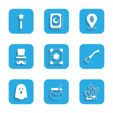 Kadim büyü kitabı, cadı kazanı, sihirli taş, cadı süpürgesi, hayalet, sihirbaz ve asa ikonu. Vektör