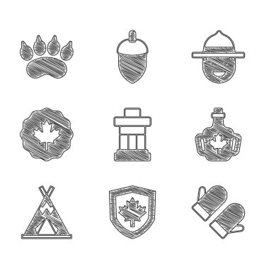 Inukshuk, Kanada bayrağını kalkan, Noel eldiveni, bir şişe akçaağaç şurubu, Kızılderili çadırı veya çadırı, Kanada yaprağı, korucu şapkası ve Ayı ayak izi ikonu üzerine koyun. Vektör