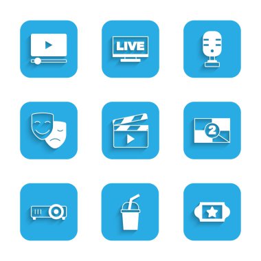 Film alkışları, su, sinema bileti, Eski film gerisayımı çerçevesi, Film, film, medya projektörü, Komedi ve trajedi maskeleri, Mikrofon ve Online oyun ikonu. Vektör