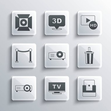 Akıllı TV, sinema koltuğu, su, film, medya projektörü, ip bariyeri, spot ışığı ve HD film, bant, çerçeve ikonu olan kağıt bardak. Vektör