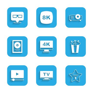 Screen TV 'yi 4k, Smart Tv, Walk of Fame yıldızı, karton kutuda patlamış mısır, Online oyun videosu, CD disk ödül çerçevesi, Movie, film, medya projektörü ve 3D sinema gözlüğü ikonu ile ayarla. Vektör