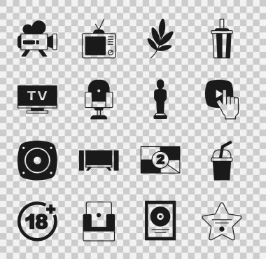 Şöhret Yürüyüşü, Sulu Kağıt Cam, Online oyun videosu, Film Kupası, Yönetmen film koltuğu, Akıllı TV, Retro sinema kamerası ve ikon. Vektör