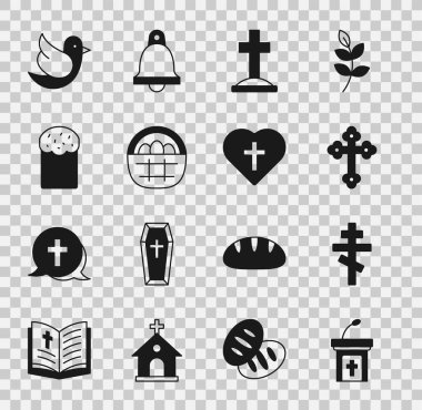 Kilise vaaz tribünü, Hıristiyan haçı, Mezar, Paskalya yumurtası, Paskalya pastası, güvercin ve kalp ikonu. Vektör