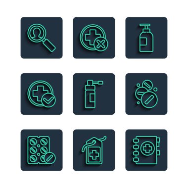 Su toplayan haplar, Haç hastanesi etiketi, tıbbi pano, el dezenfektanı şişesi, hortum spreyi, analiz ve ilaç hapı ya da tablet ikonu. Vektör