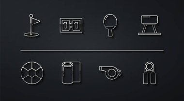 Set hattı golf bayrağı, futbol topu, Pommel atı, Whistle, Fitness paspas rulosu, spor mekanik skorbordu, genişletici ve masa tenisi ikonunu oynamak için raket. Vektör