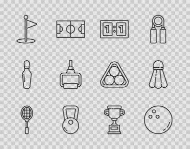 Set hattı, tenis raketi, bowling topu, spor mekanik skorbord, Kettlebell, golf bayrağı, TPX döngü eğitim ekipmanı, ödül kupası ve Badminton mekik ikonu. Vektör