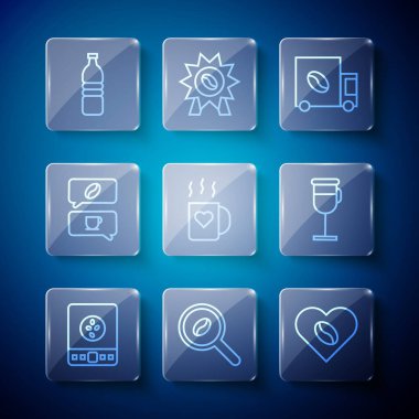 Elektronik kahve tartıları, kahve çekirdekleri, kahve makineleri, sokak kamyonları, bardak ve kalp, sohbet, şişe suyu ve İrlanda ikonu. Vektör