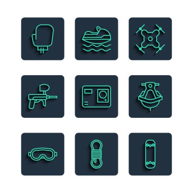 Kayak gözlüğü, tırmanma ipi, kaykay numarası, İHA uçuşu, Aksiyon ekstrem kamerası, Paintball silahı, boks eldiveni ve jet ski ikonu. Vektör