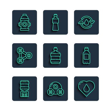 Hat su soğutucusu, H2O için kimyasal formül, su damlacıklı kalp, temiz su, Büyük şişe, yangın musluğu ve bir şişe ikon. Vektör