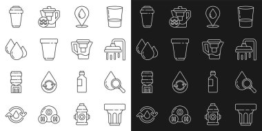 Bardağı su, damla ve büyüteç, duş başlığı, su damlası konumu, filtre kartuşu ve sürahi ikonu ile ayarla. Vektör