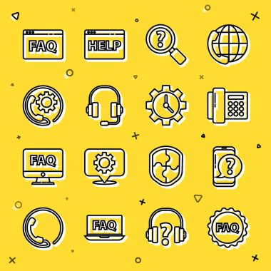 SSS, Cep telefonu sorusu, Bilinmeyen Arama, Kulaklık, 24 saatlik destek, Tarayıcı ve Zaman Yönetimi simgesi ile etiket satırını ayarla. Vektör