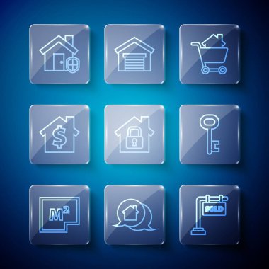 Ev planı, emlak mesaj evi koruma altında, dolar sembolü ve anahtar simgesi altında Satıldı, alışveriş arabasıyla asılma tabelası. Vektör