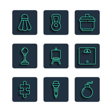 Çizgi yap-boz parçası, mikrofon, patlamaya hazır bomba, yemek tenceresi, Easel ya da resim tahtası, atari makinesi için Joystick, Badminton servis aleti ve banyo ikonu. Vektör