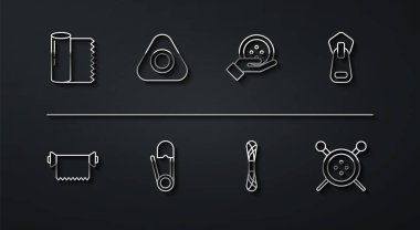 Tekstil kumaş rulo, iplik, emniyet pimi, tebeşir, düğme, örgü iğneleri ve ikon. Vektör