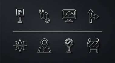 Hattı belirle, park yeri, rüzgar yükseldi, trafik işareti, dur, konum, yol konumu, bariyer ve simge. Vektör