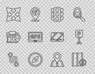 Hat güzergahı konumu, trafik ışığı, pusula, yol haritalı GPS cihazı, konum ve park simgesi. Vektör