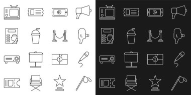 Set hattı mikrofon, Retro sinema kamerası, çevrimiçi oyun videosu, samanlı kağıt bardak, sinema posteri, televizyon ve ip bariyeri ikonu. Vektör