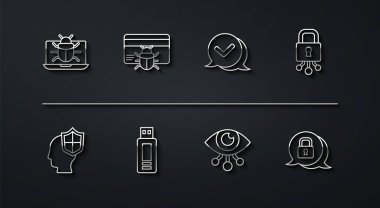 Hat Hattı 'nı monitöre ayarla, kafası kalkan, siber güvenlik, göz taraması, USB flaş bellek, kredi kartıyla, ve işaret baloncuğu simgesini kontrol et. Vektör