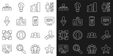 Çizgi başı avcılığı, arama ekibi için El, kilit performans göstergesi, Üretken insan, kimlik kartı, Hiyerarşi organizasyon şeması ve Smartphone simgesi. Vektör