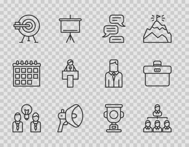 Lamba ampullü insanlar, Hiyerarşi organizasyon şeması, konuşma balonu sohbeti, megafon, hedef ok, sahne standı tribünü, ödül kupası ve evrak çantası ikonu. Vektör
