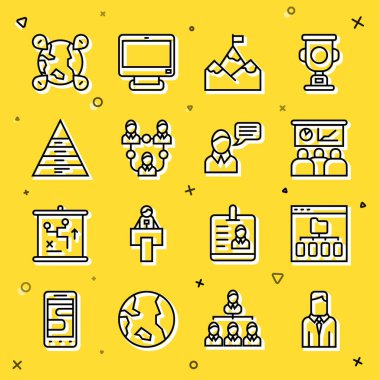 Satır İşçisi, Tarayıcı dosyaları, Eğitim, Sunum, Bayrak Dağları, Proje Ekibi Üssü, Piramit grafik bilgisi, Dünya 'nın konumu ve Konuşma balonu sohbet simgesi. Vektör