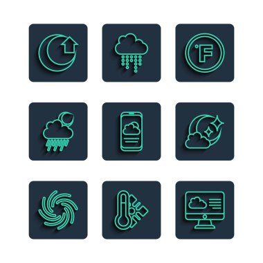 Hortum hattı, Meteoroloji termometresi, hava tahmini, Fahrenheit, yağmurlu ve aylı bulut, Ay ve ikon. Vektör