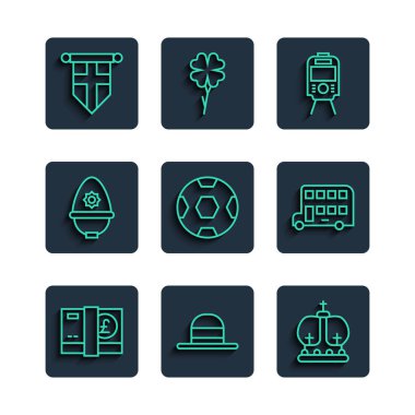 Sabit hat sterlin, zarif kadın şapkası, İngiliz tacı, tramvay ve tren yolu, futbol, polis kaskı, İngiltere bayrağı flaması ve çift katlı otobüs ikonu. Vektör